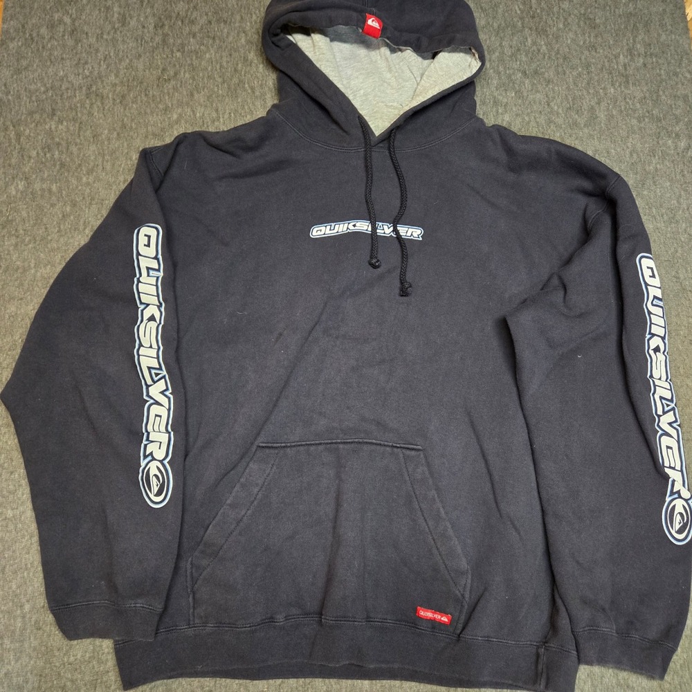 Vintage Y2K Quiksilver Hoodie Mens Large Navy Blue Sleeve Logo Skateboard Surf
